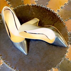 Patent Black & Gray Block Heel Pump